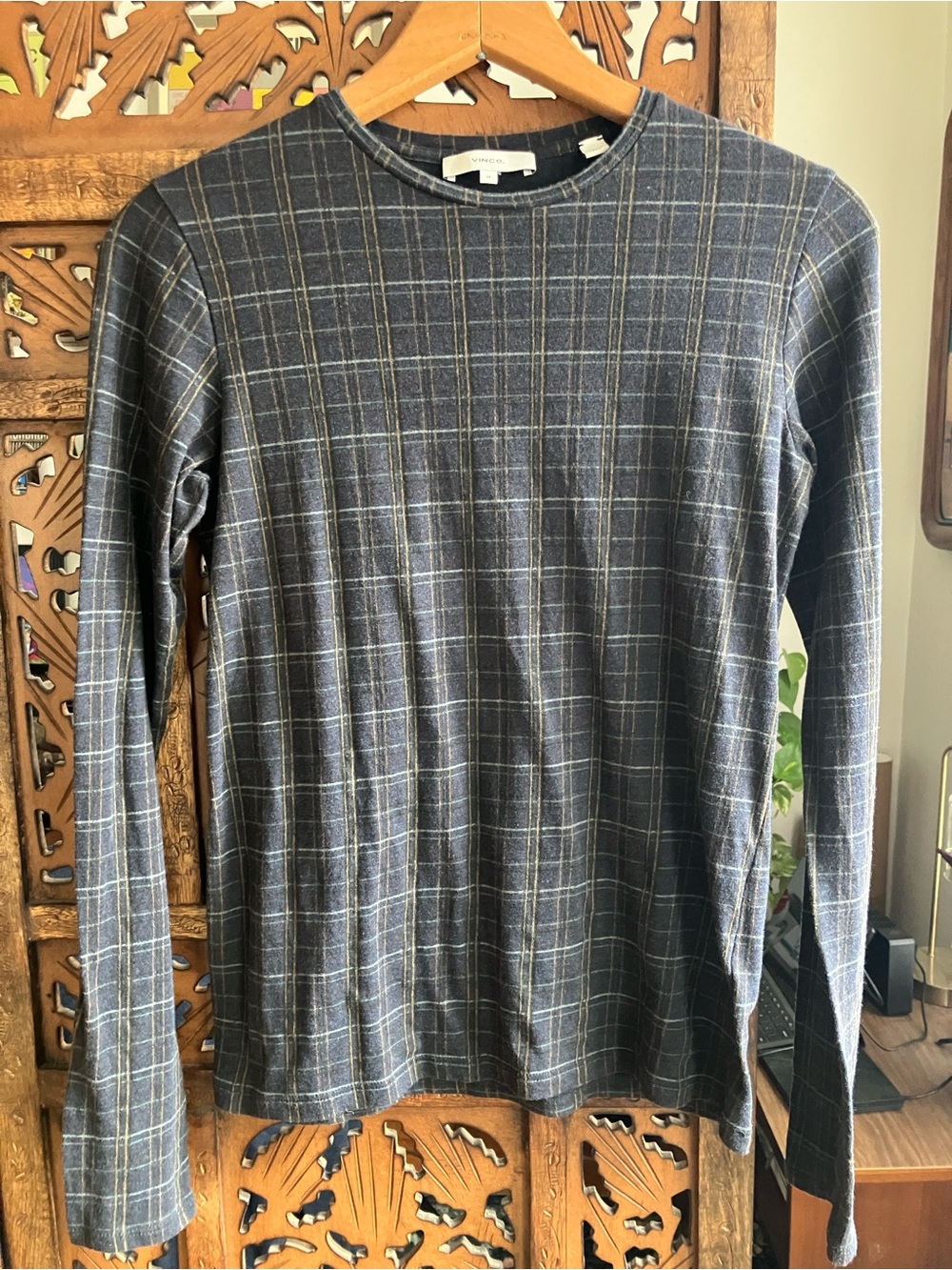 Vince long sleeve plaid top, pima cotton and modal blend